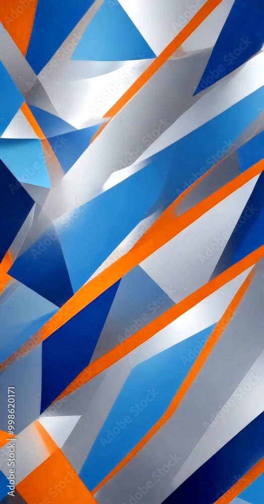 Poster a vibrant abstract composition of intersecting lines and triangles in various shades of blue, orange, and gray, creating a dynamic and visually striking pattern