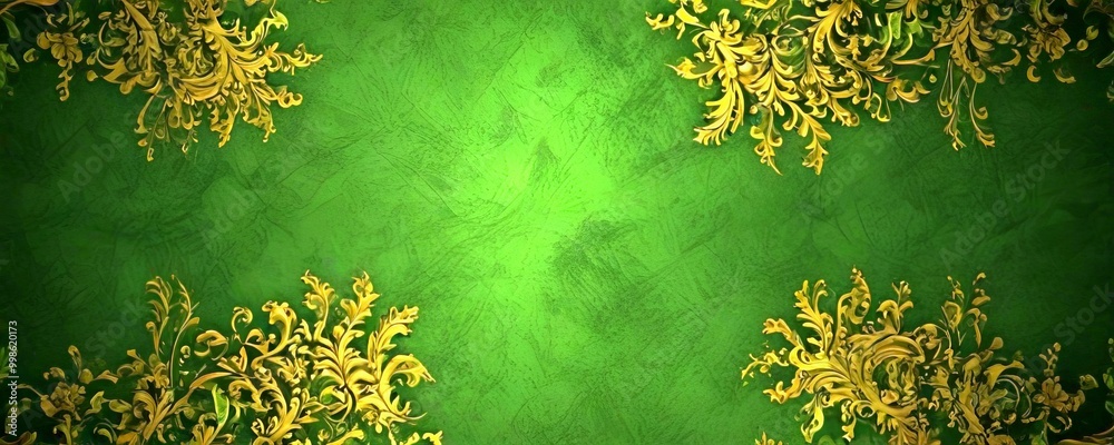 Fototapete a dark green background with a repeating pattern of gold floral designs The designs are symmetrical, with the left and right sides mirroring each other, creating a sense