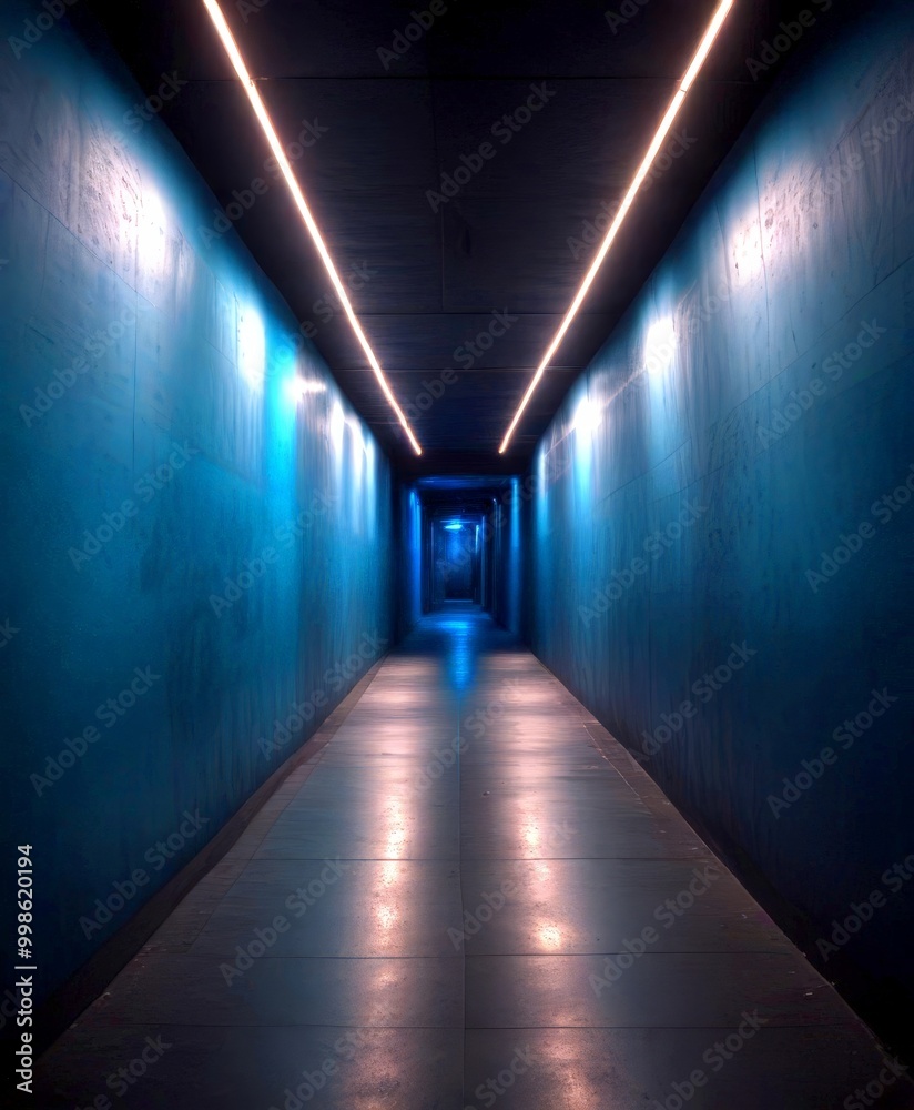 Poster A long, dimly lit corridor with a single light source on the right side, creating a sense of depth and mystery
