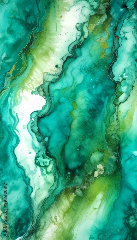 Poster an abstract painting featuring a swirling pattern of green and white hues, with some areas appearing darker and others lighter, creating a sense of depth and movement