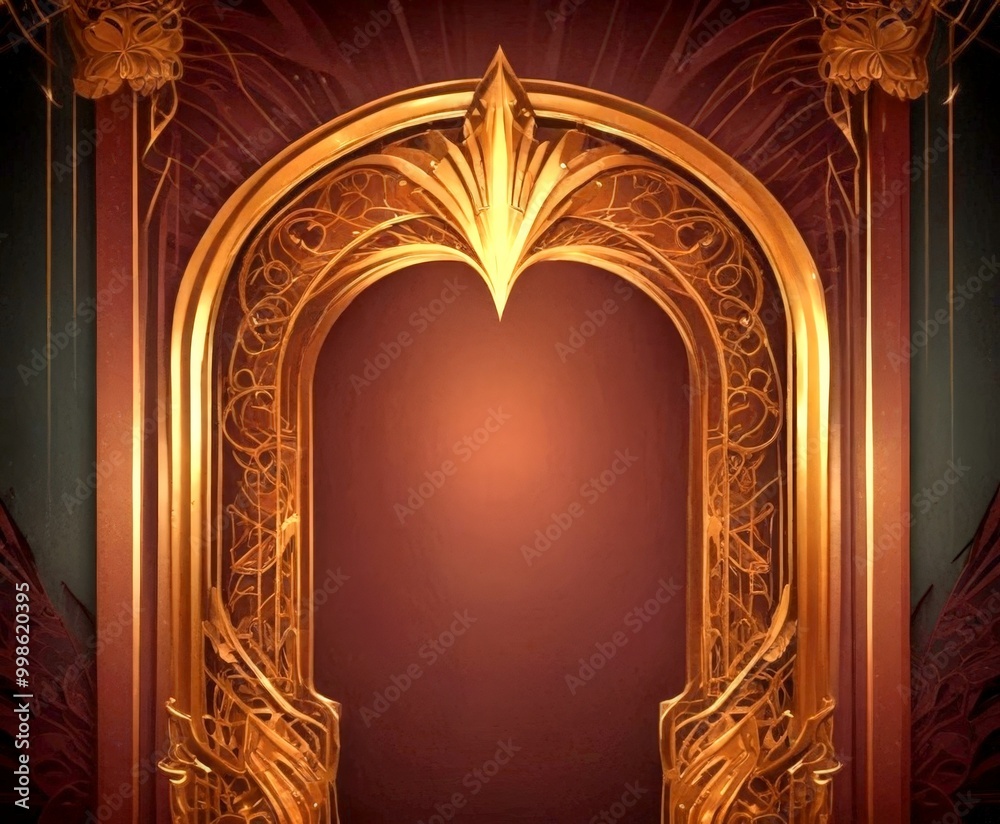 Poster an ornate golden archway with intricate designs and a central blank space, set against a dark red ba