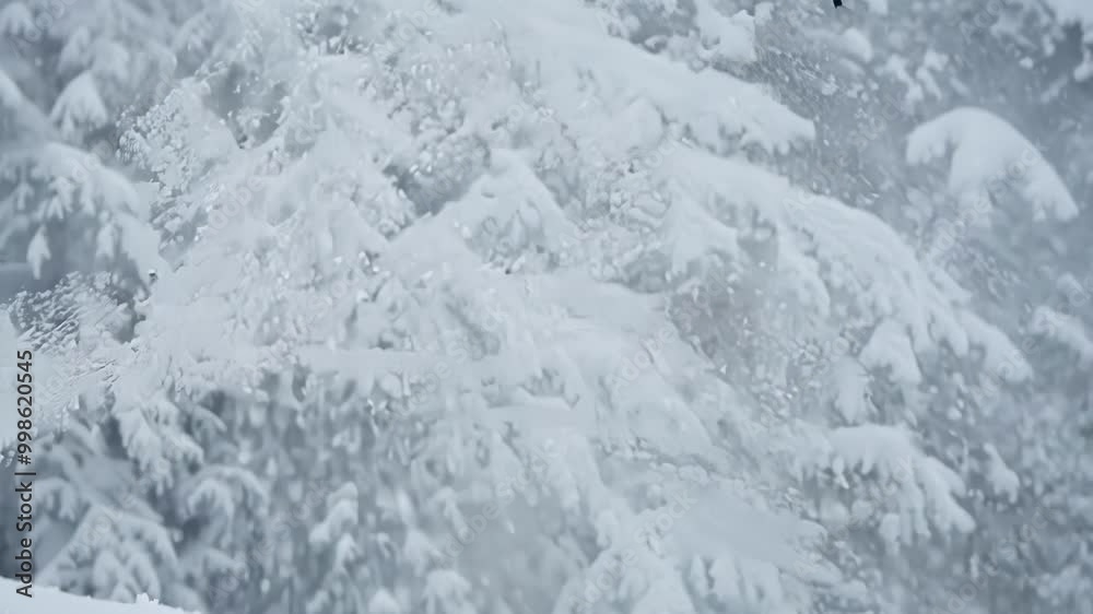 Poster Snow is falling off a tree branch during a winter blizzard creating abstract shapes with the snow covered forest in the background