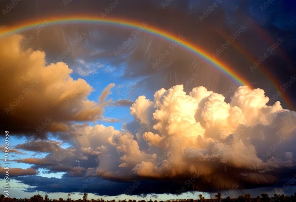 Poster A double rainbow arches over a cloudy sky, with a dark, stormy backdrop and a few distant trees visible in the bottom right corner