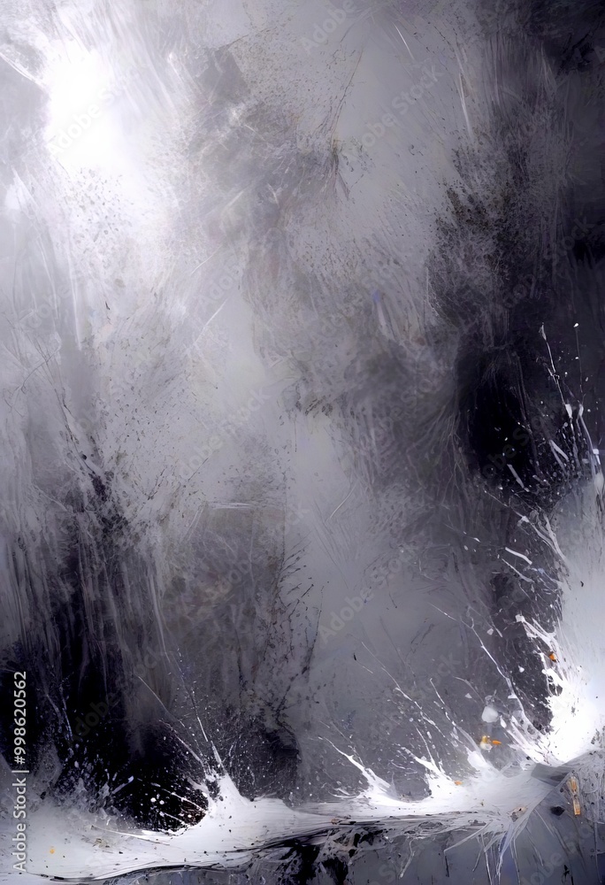 Poster a dark, moody scene with a sense of movement and energy, featuring a textured, abstract background with splashes of color and a sense of depth
