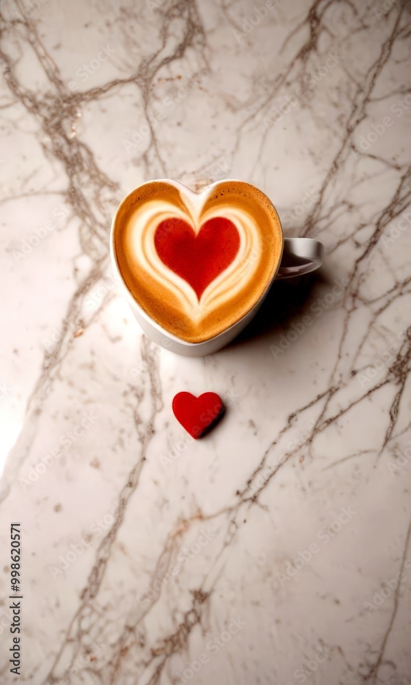 Aufkleber A heart-shaped latte with a red heart in the center sits on a marble surface, accompanied by a small red heart-shaped object