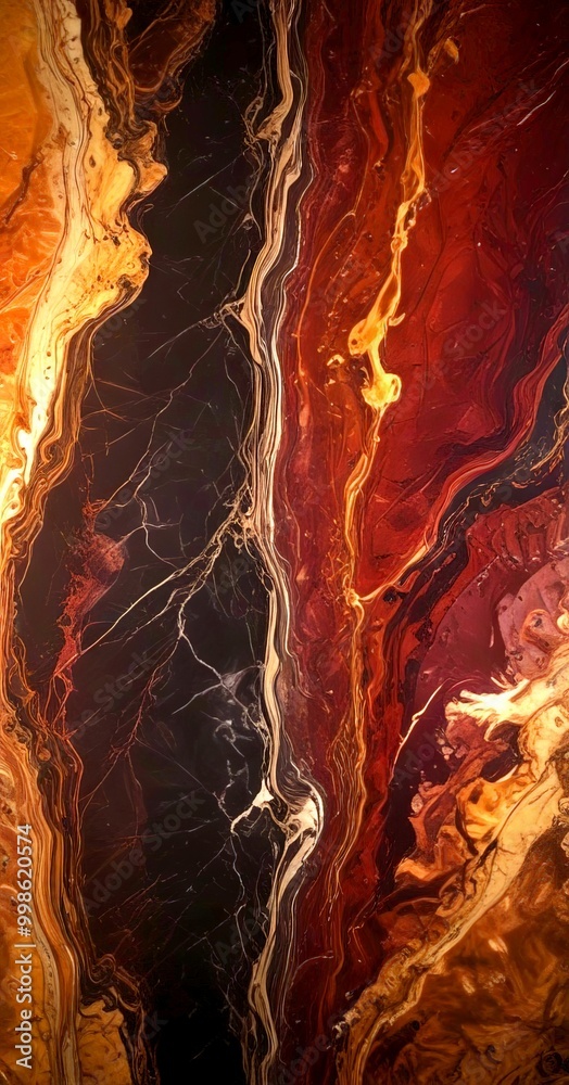 Poster a close-up view marble surface with a striking pattern of swirling lines and colors, including shades of brown, black, and white