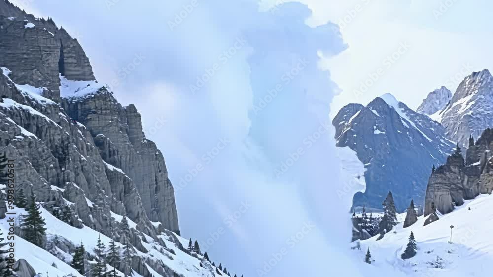 Poster large avalanche falling from a mountain peak, creating a huge cloud of snow and ice debris, with a b