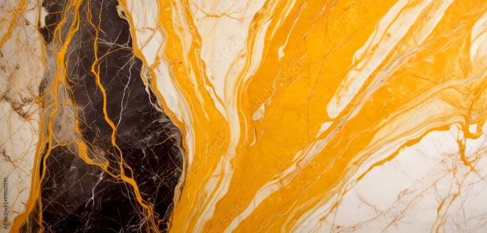 Poster a close-up view marble surface with a striking pattern of yellow and black swirls and lines