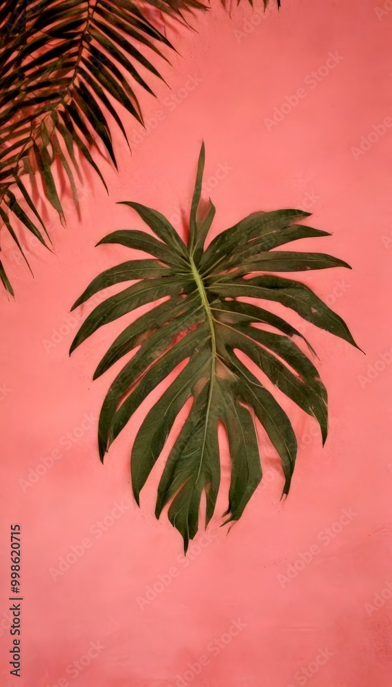Poster a large leaf with long, thin fronds is centered against a pink background, with a dark green leaf pa