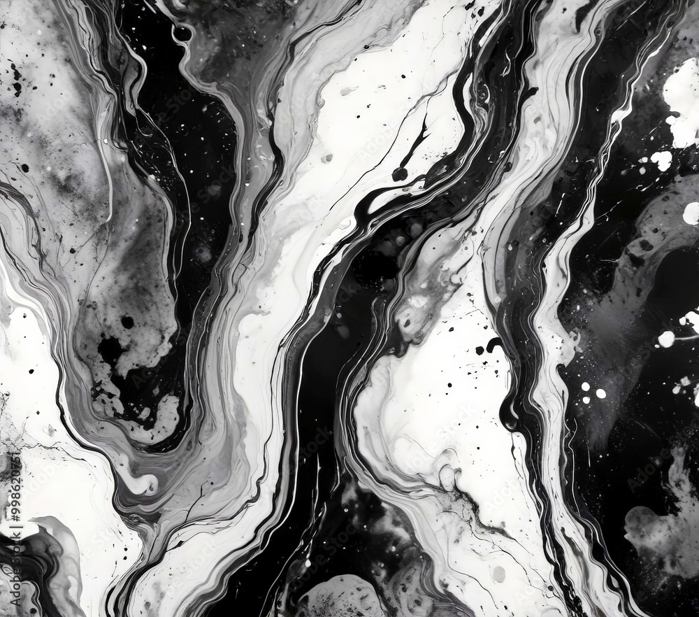 Poster a striking black and white abstract painting featuring swirling patterns and splashes of color, creating a dynamic and captivating visual effect
