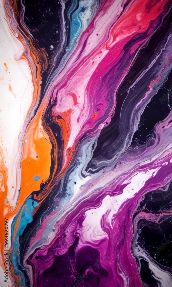 Poster a vibrant abstract painting with swirling patterns of pink, purple, orange, and blue paint, creating