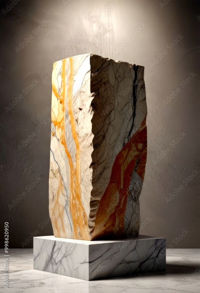 Poster marble sculpture stone column with a marble pattern of stripes and swirls, standing on a marble pede