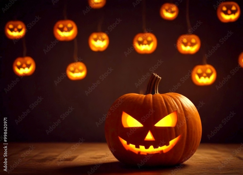Poster a carved pumpkin with a menacing smile sits on a wooden surface, surrounded by a string of glowing j