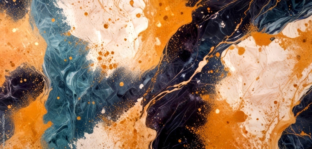 Poster a close-up view textured abstract painting with a mix of blue, orange, and white colors, creating a dynamic and layered composition