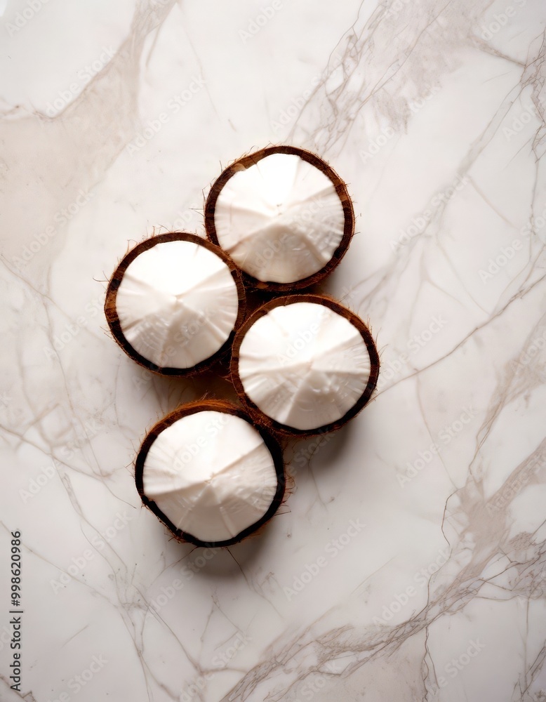 Poster Four halved coconut shells arranged in a diagonal line on a marble surface