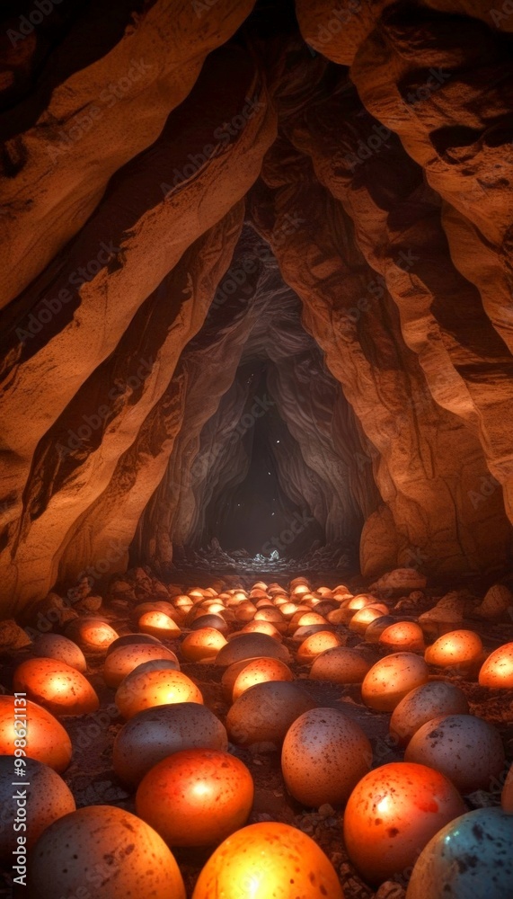 Fototapete A cavernous space filled with numerous orange and white eggs, illuminated by a soft glow, creating a surreal and captivating scene