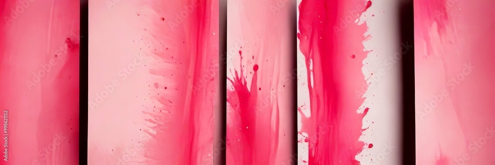 Poster a series of vertical lines painted in a pink color, with splashes of color on the right side, creating a textured and abstract appearance