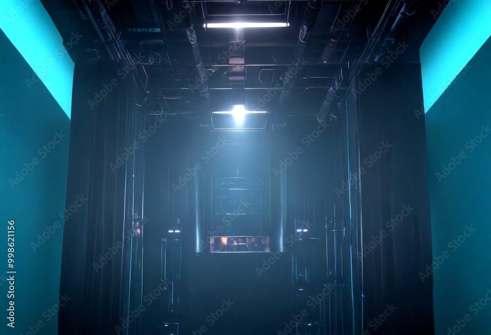Poster A dimly lit corridor with a single light source illuminating the center, creating a sense of mystery and anticipation