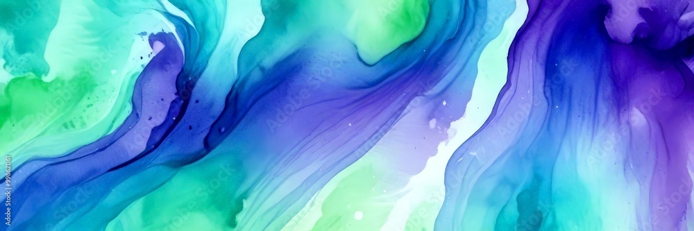 Poster a vibrant abstract pattern with swirling, fluid brushstrokes in shades of blue, green, and purple, c