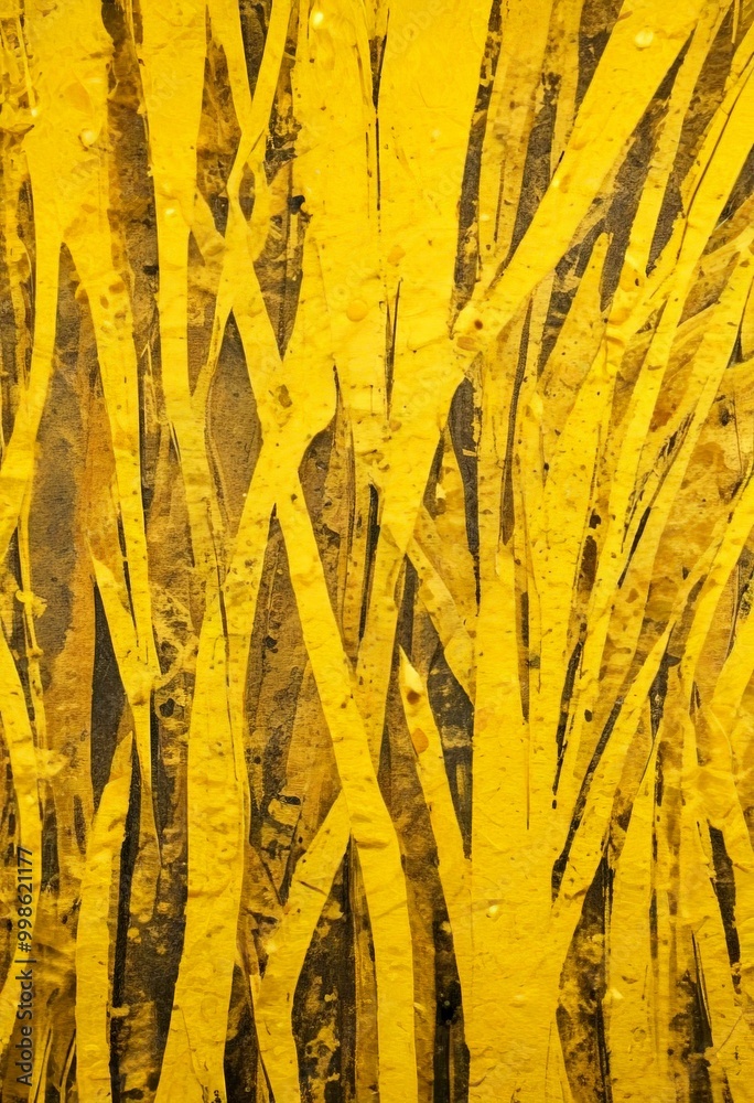 Poster a close-up view textured surface with a pattern of overlapping yellow and black lines, resembling the appearance of tree branches or grass