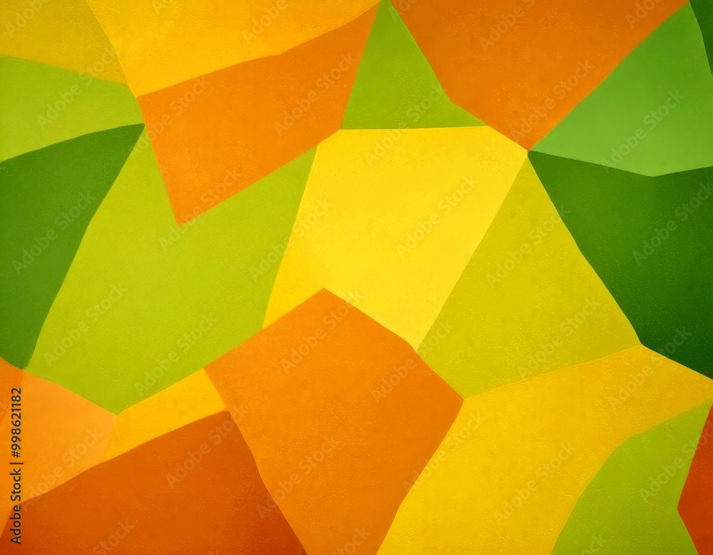 Poster a vibrant abstract composition of overlapping geometric shapes in various shades of green, yellow, and orange, creating a dynamic and visually striking pattern