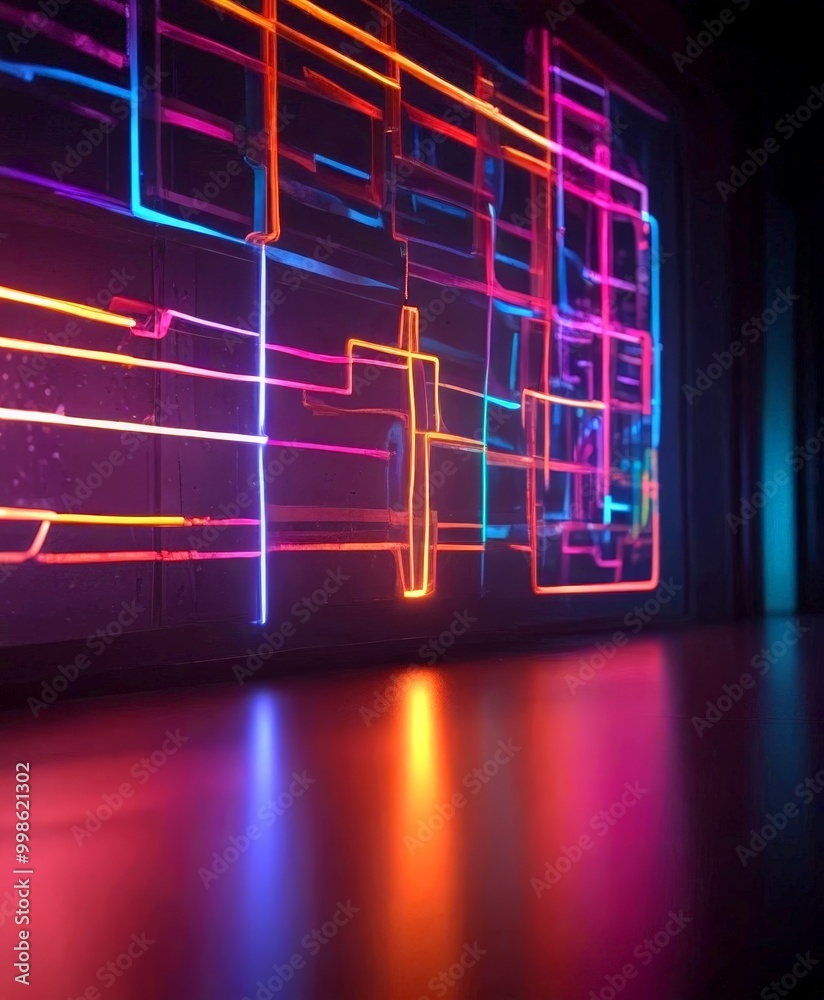 Poster a close-up view neon sign with a complex pattern of glowing lines and shapes, reflecting on a dark surface
