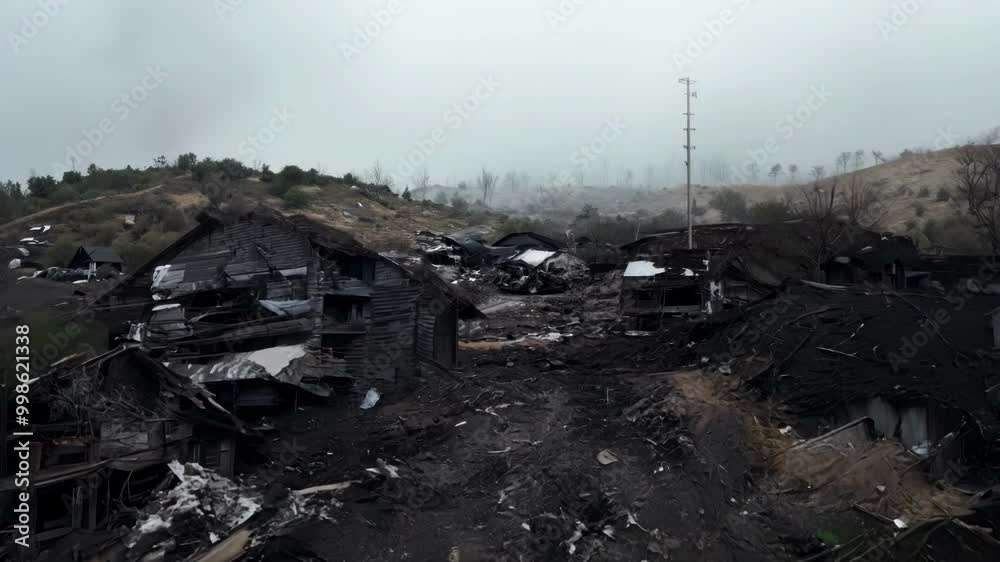 Poster charred remains of buildings stand amidst a desolate landscape, serving as a stark reminder of the d