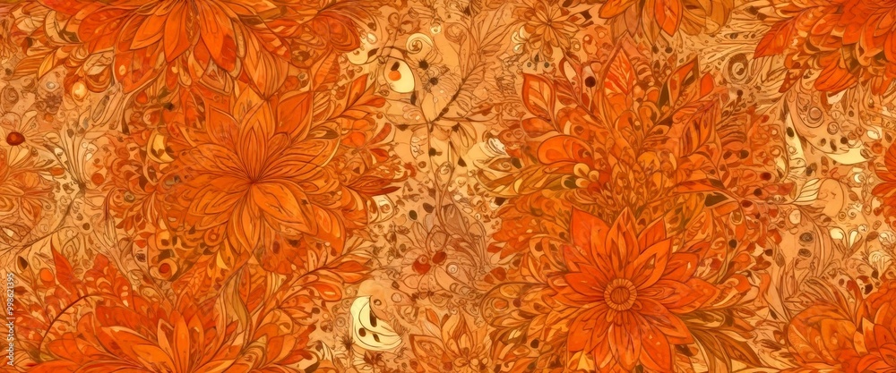 Poster a repeating pattern of orange flowers and leaves, with a warm, earthy tone the flowers and leaves ar
