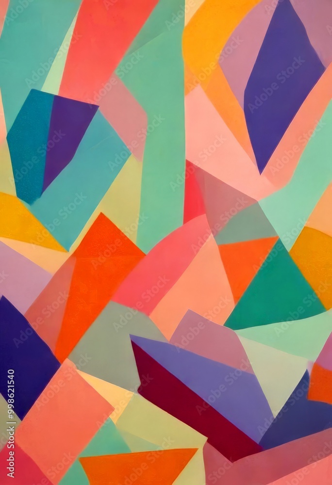 Poster an abstract composition featuring overlapping geometric shapes in various pastel colors, including shades of pink, blue, green, and purple