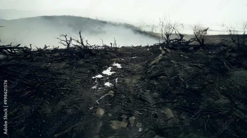 Poster charred trees and debris in a burnt forest show the aftermath of a wildfire, highlighting its destru