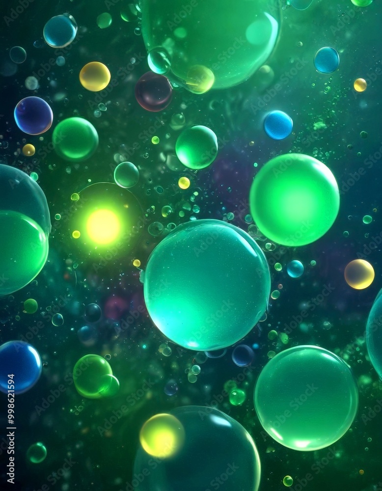 Poster a collection of colorful, spherical bubbles floating in a dark background, creating a visually striking and abstract composition
