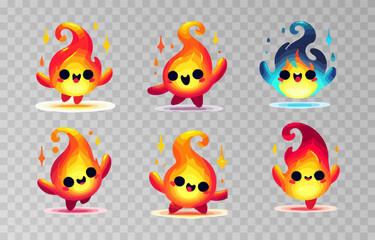 Set of fire cartoon character vector illustration on transparent png background.