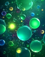 a collection of colorful, spherical bubbles floating in a dark background, creating a visually striking and abstract composition