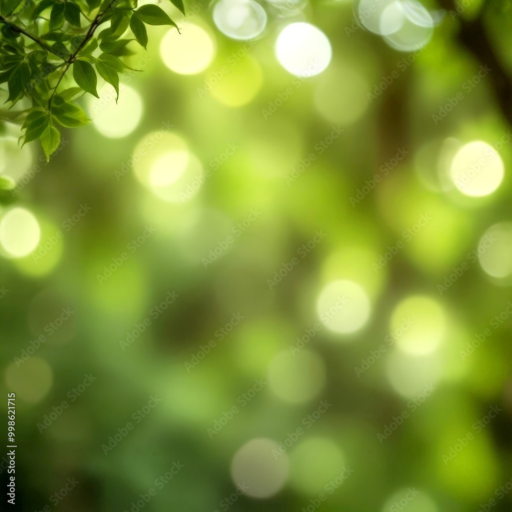 Leinwandbilder a blurred, bokeh-filled background with a focus on the upper left corner, where the green leaves tre