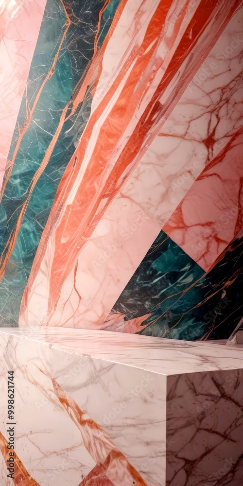 Poster a marble surface with a geometric pattern of intersecting lines and curves in various shades of pink, green, and blue