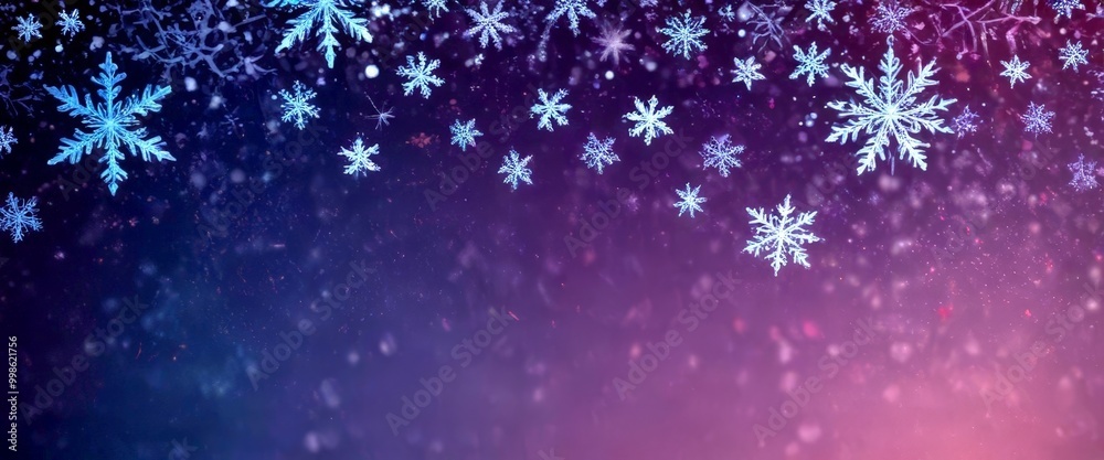 Poster A collection of snowflakes in various sizes and shapes, scattered across a dark purple and blue gradient background, creating a sense of movement and depth