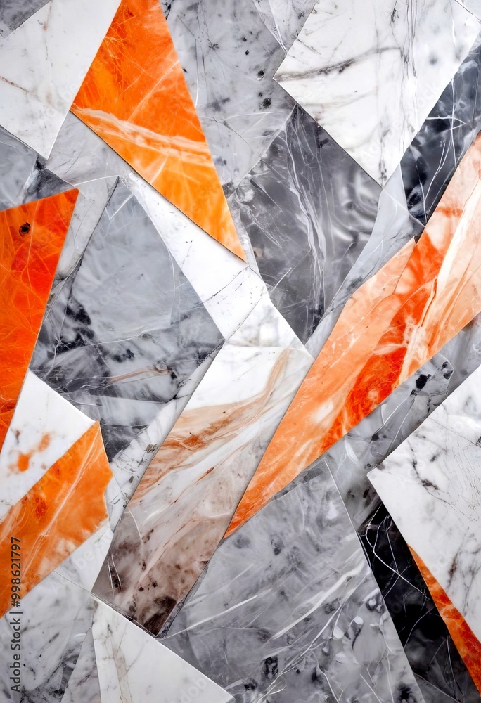 Poster a close-up view mosaic composed of various shades of gray, white, and orange tiles arranged in a com