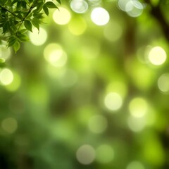 Obraz premium a blurred, bokeh-filled background with a focus on the upper left corner, where the green leaves tree branch are visible