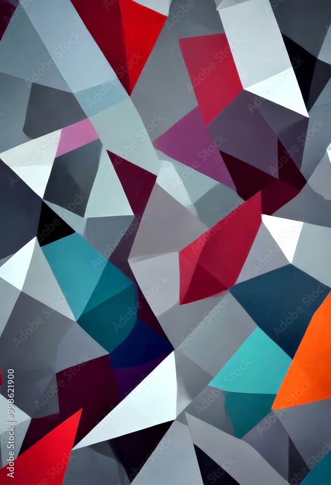 Poster a digital illustration featuring a complex arrangement of intersecting lines and triangles in various shades of gray, red, and blue, creating a visually