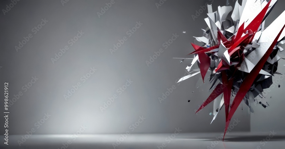 Poster a red and white abstract sculpture composed of numerous triangular elements, set against a gray background