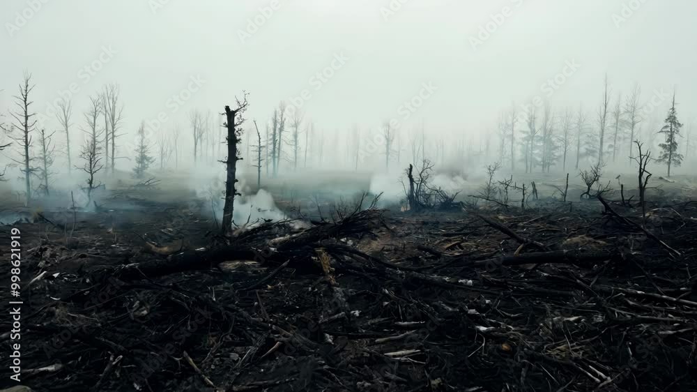 Poster smoke is still rising from the ground after a devastating forest fire swept through, burning trees a