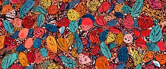 Naklejka premium a vibrant, abstract pattern composed of various shapes and colors, including leaves, flowers, and other organic forms The pattern is densely packed, creating a