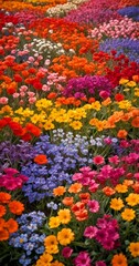 A vibrant field of flowers in various colors, including red, orange, yellow, purple, blue, and pink, creates a visually striking and diverse landscape