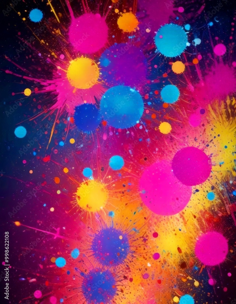 Poster a vibrant abstract composition of colorful paint splatters and splotches against a dark background, creating a dynamic and energetic visual effect