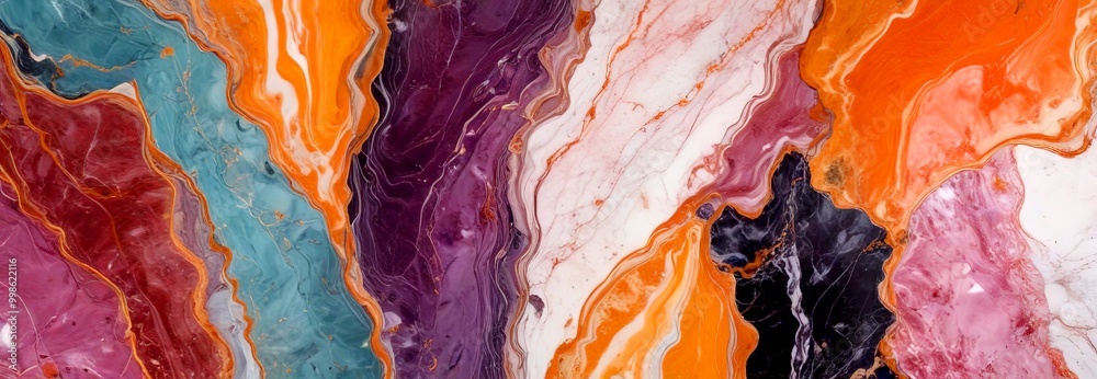 Poster a close-up view marble surface with a vibrant, abstract pattern of swirling colors and textures, inc