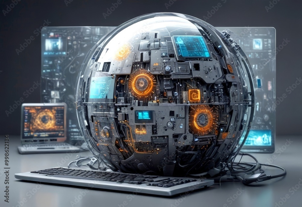 Poster A futuristic sphere-shaped object with various electronic components and glowing orange and blue lights, surrounded by computer monitors and a keyboard
