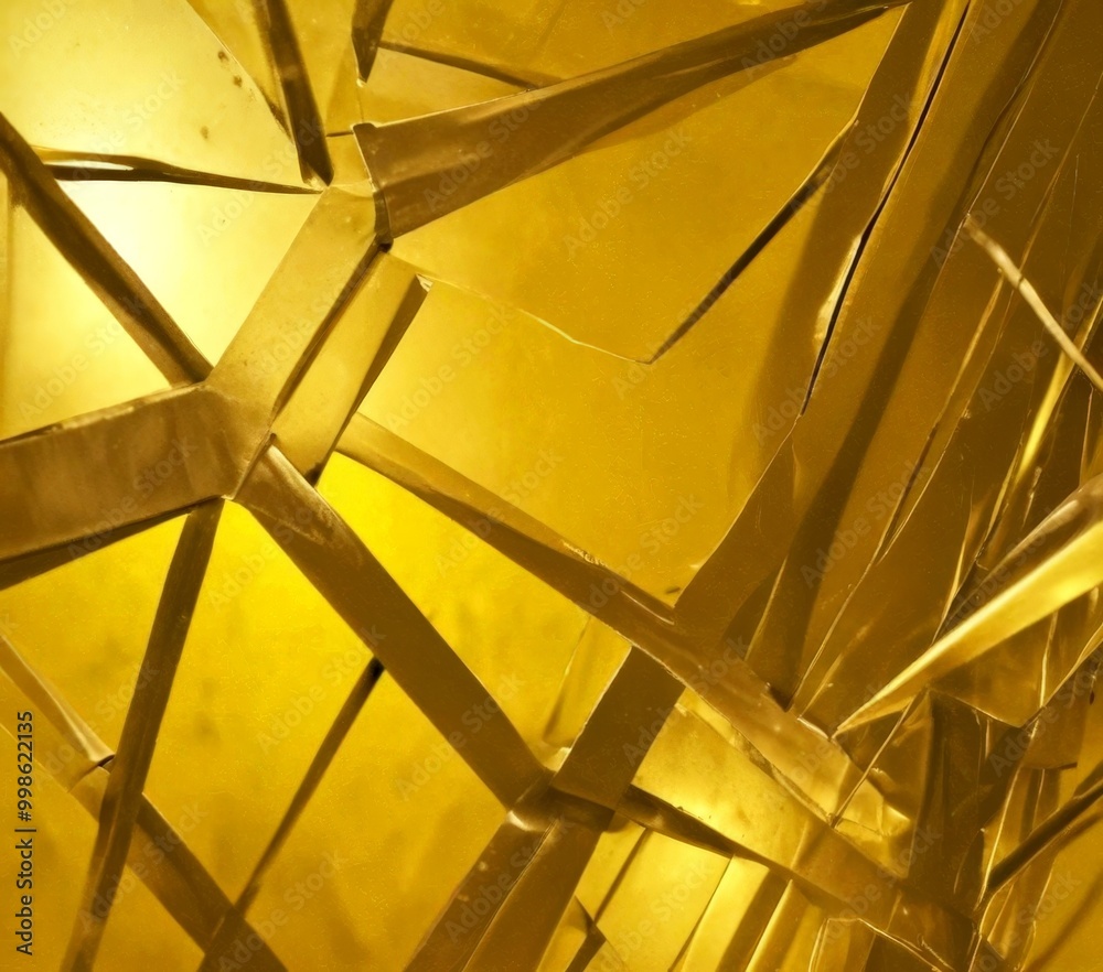 Poster a close-up view complex arrangement of intersecting metallic strips, creating a visually striking and abstract composition