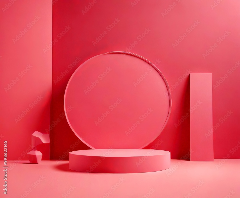 Poster a minimalist pink stage with a circular platform, a rectangular podium, and a triangular sculpture a