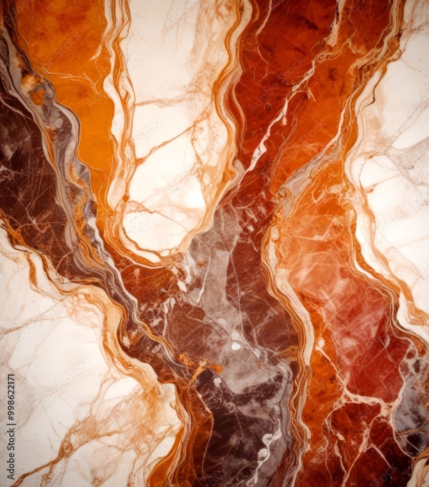 Poster a close-up view marble surface with a striking pattern of swirling lines and colors, including shades of orange, brown, and white