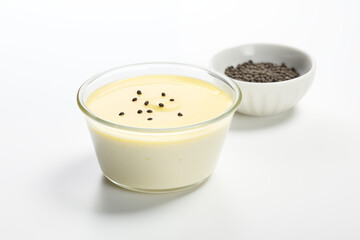 A smooth, creamy bowl of vanilla custard with golden yellow hue, topped with sprinkle of fresh vanilla beans. The silky texture shines under the light, and the custard sits in  simple white background
